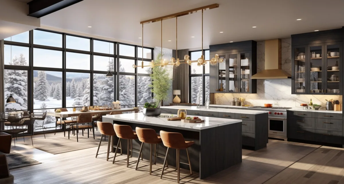 Modern kitchen with a marble island, cognac stools and brass pendants beside snowy forest views