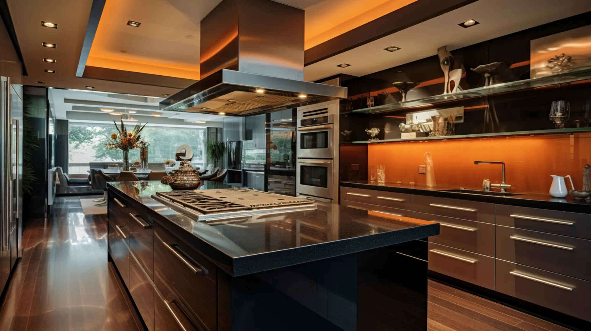 Contemporary kitchen with a black stone island, island hood and amber backlit splashback