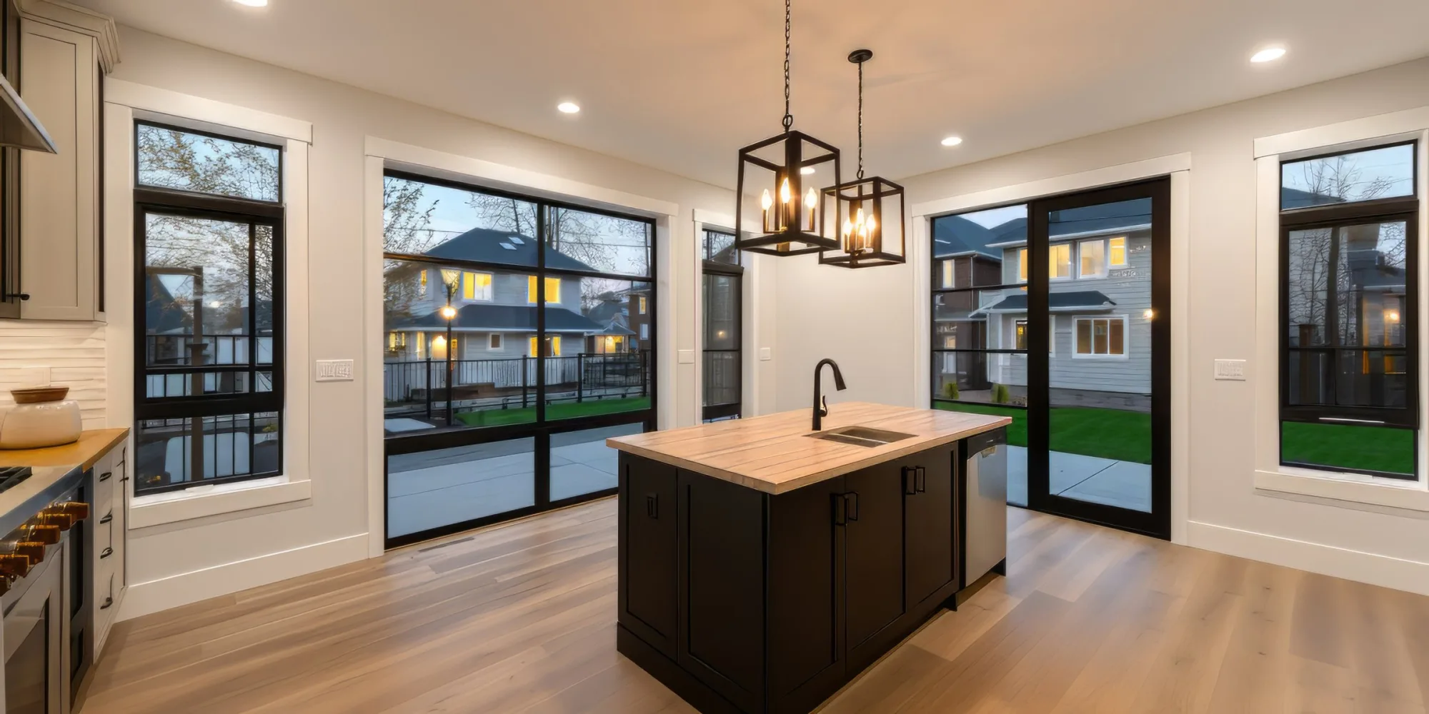 Black kitchen island with a butcher-block top under lantern pendants at dusk