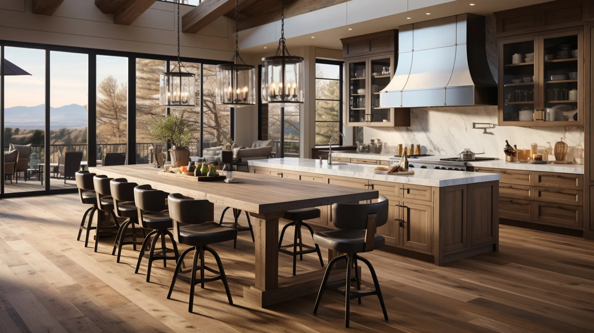 Open-plan kitchen with a long timber table, leather stools and glass lantern pendants