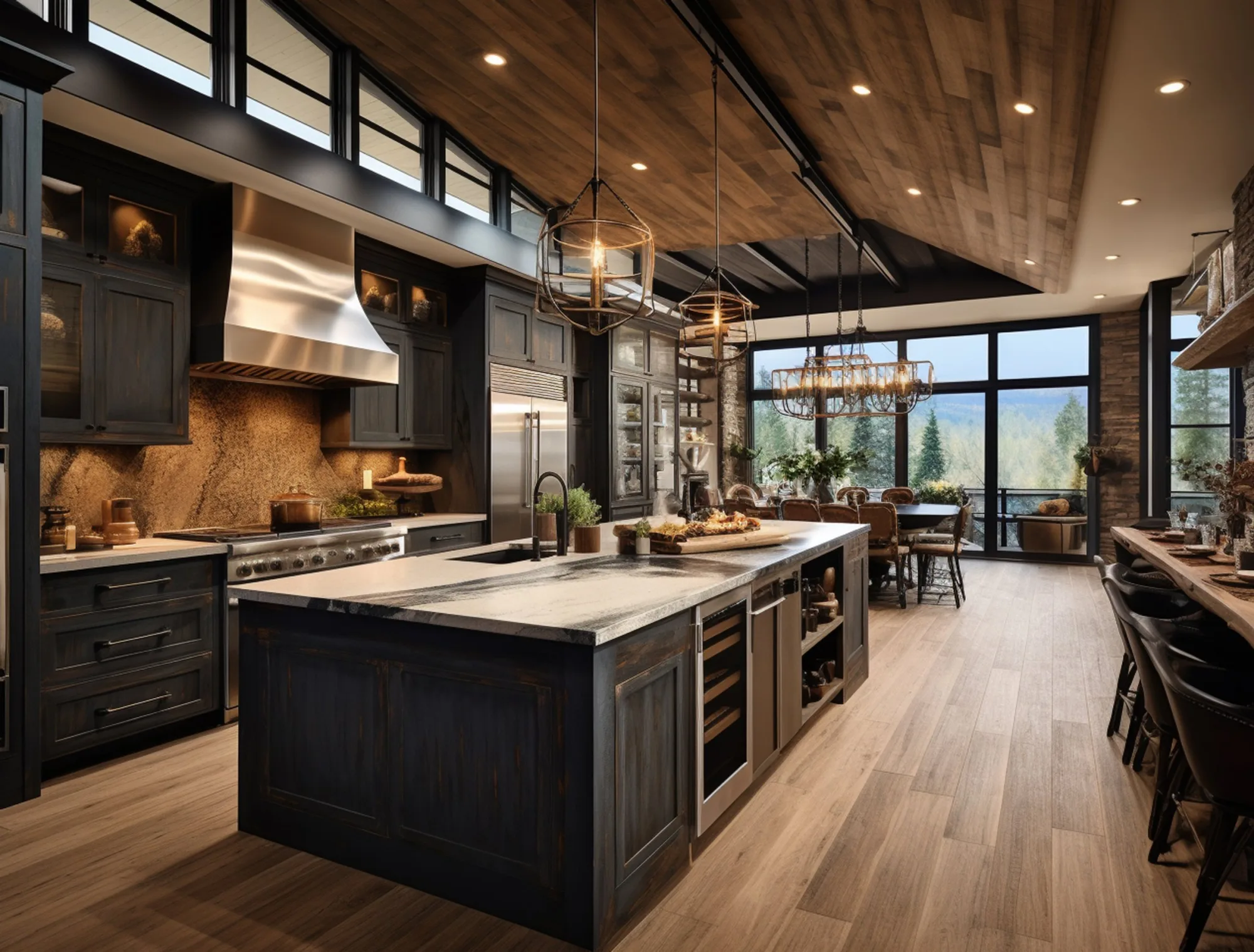 Kitchen with charcoal cabinetry, a wood-clad vaulted ceiling and a stone-topped island